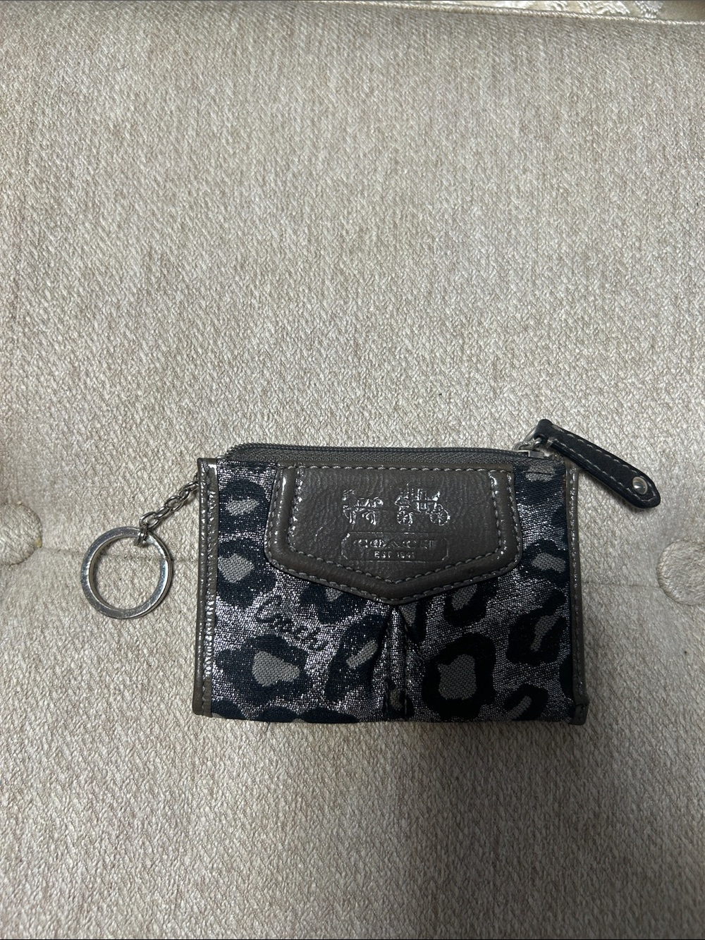 Coach Black Silver Leopard Print Card Case Wallet Keyring
